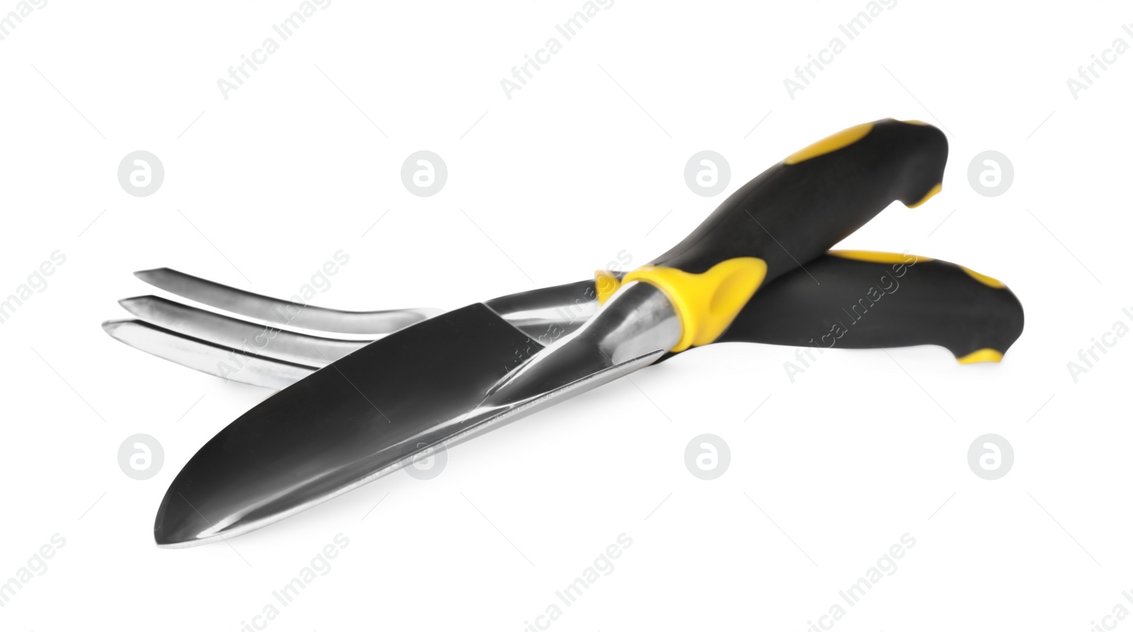 Photo of Trowel and pitchfork on white background. Gardening tools