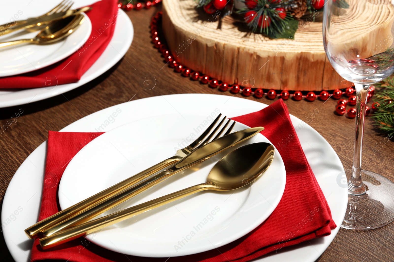 Photo of Stylish table setting and festive decor, closeup