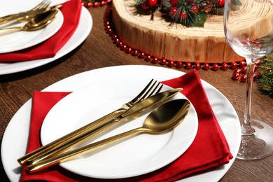 Stylish table setting and festive decor, closeup