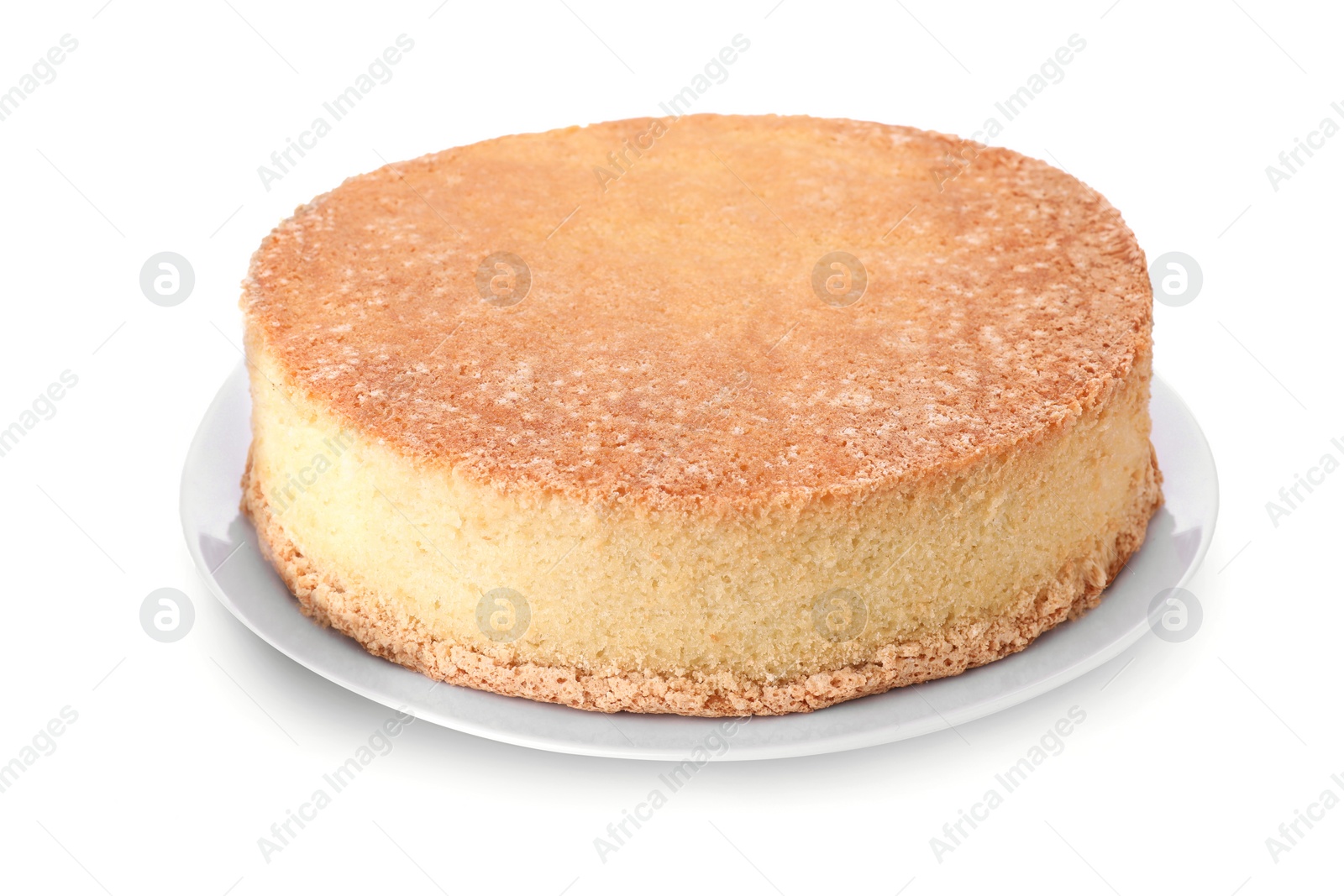 Photo of Plate with delicious sponge cake isolated on white