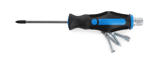 Screwdriver with black handle and screws isolated on white, top view