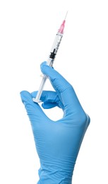 Photo of Doctor holding medical syringe on white background, closeup