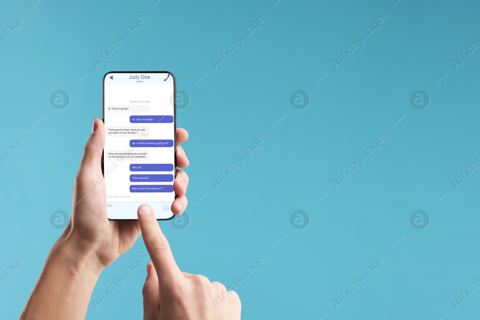 Image of Man texting via mobile phone on light blue background, closeup. Device screen with messages