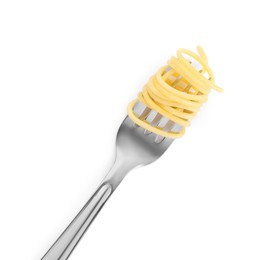 Fork with tasty pasta isolated on white, top view