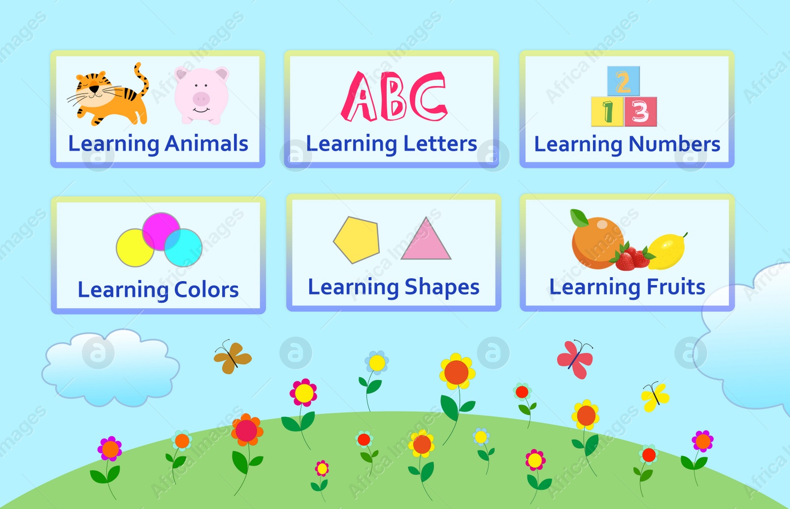 Illustration of Educational application for kids. Bright menu illustration