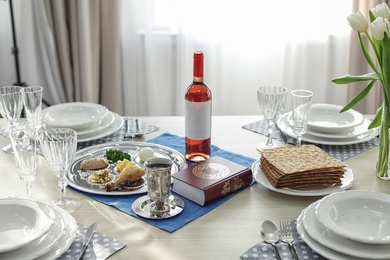 Photo of Table served for Passover (Pesach) Seder indoors