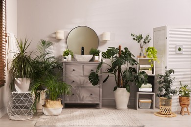 Stylish bathroom interior with modern furniture and beautiful green houseplants