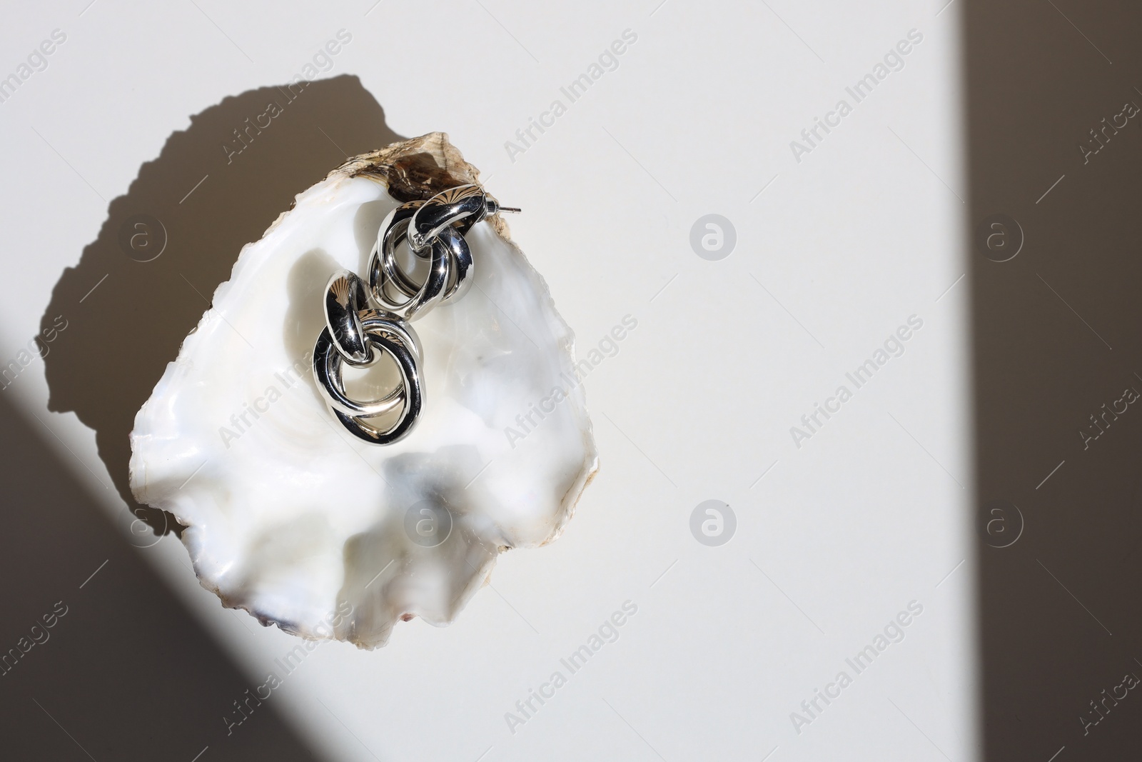 Photo of Stylish metal earrings in seashell on white table, top view. Space for text