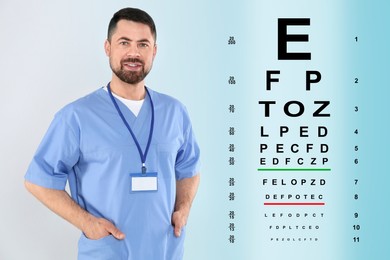 Image of Vision test. Ophthalmologist or optometrist and eye chart on light background