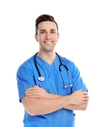 Portrait of medical assistant with stethoscope on white background