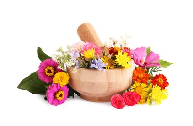 Wooden mortar with different flowers and pestle on white background