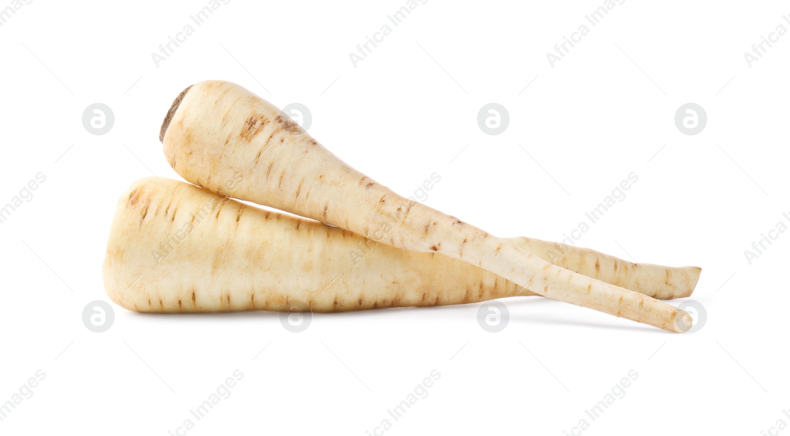 Photo of Tasty fresh ripe parsnips on white background