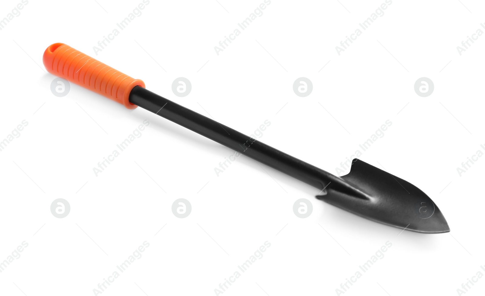 Photo of New trowel on white background. Professional gardening tool