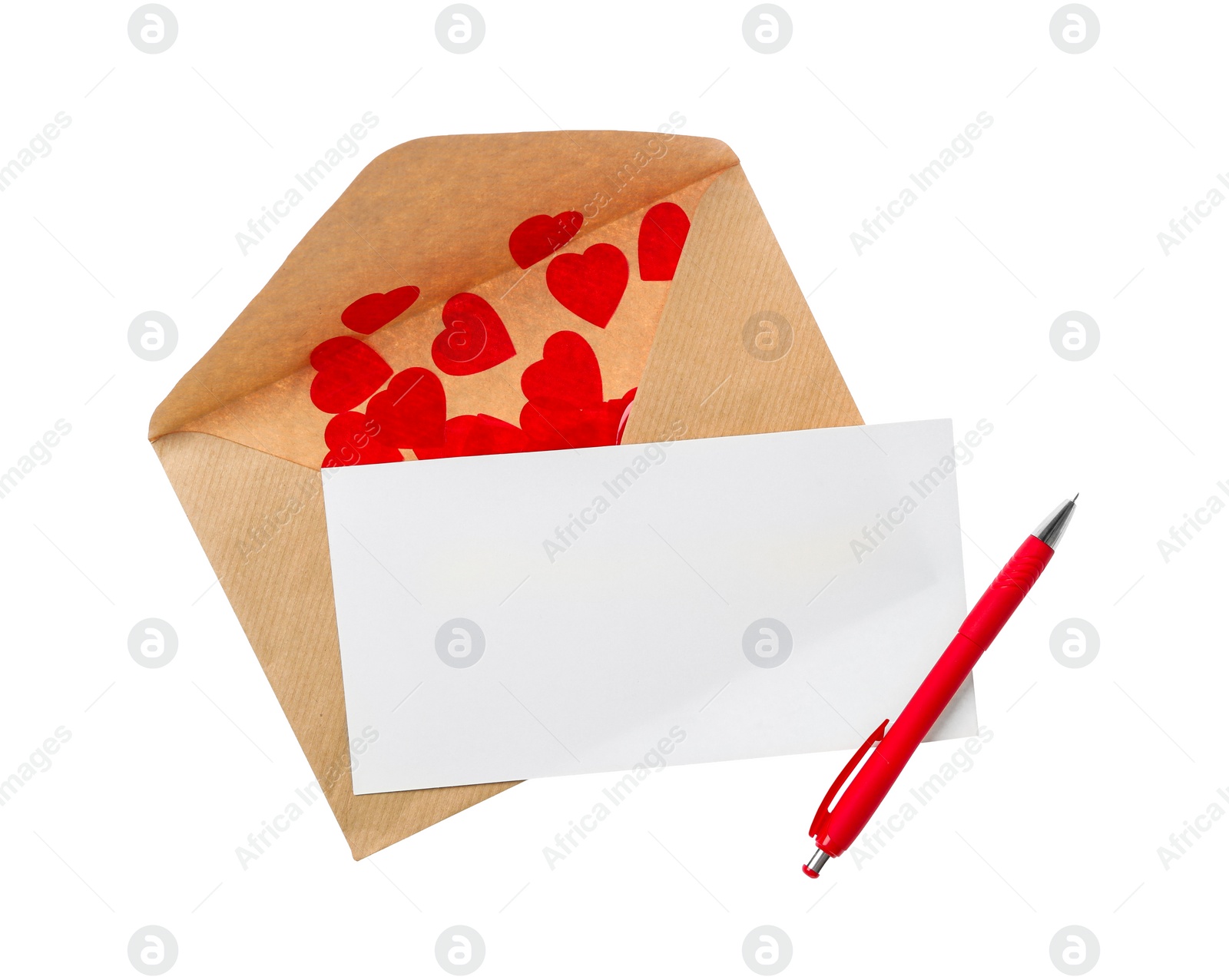 Photo of Blank card, envelope and pen on white background, top view. Valentine's Day celebration