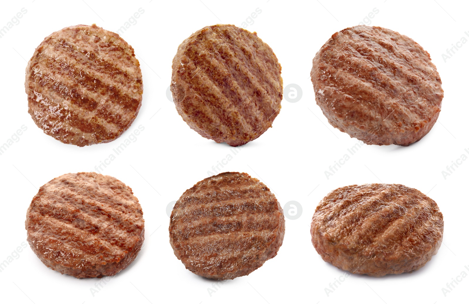 Image of Set with tasty grilled hamburger patties on white background