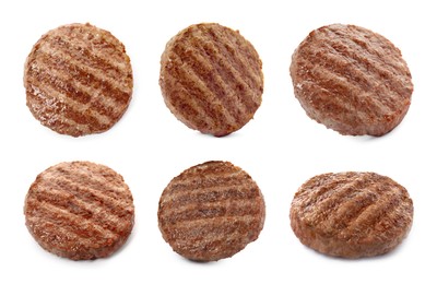 Set with tasty grilled hamburger patties on white background