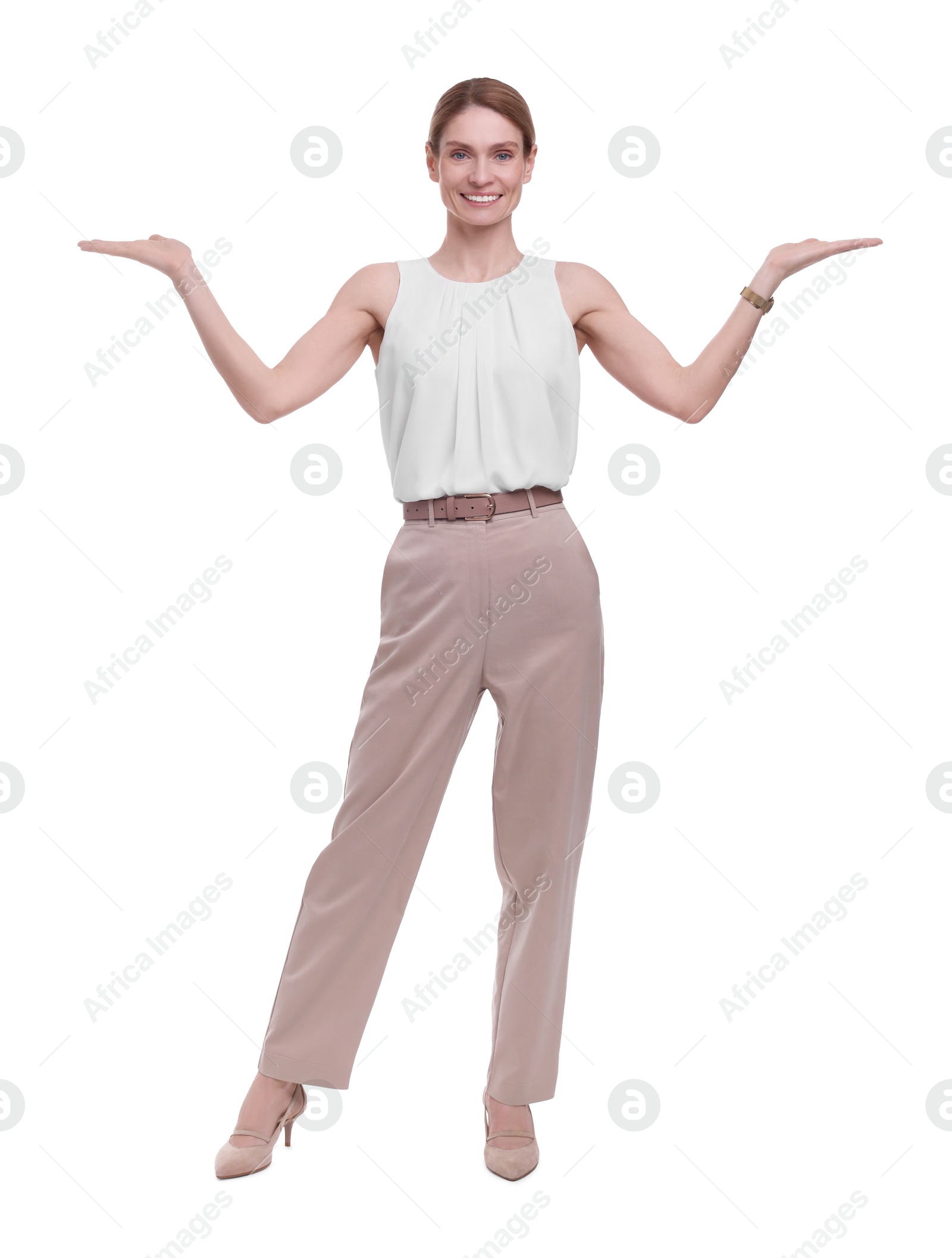 Photo of Full length portrait of beautiful happy businesswoman welcoming on white background