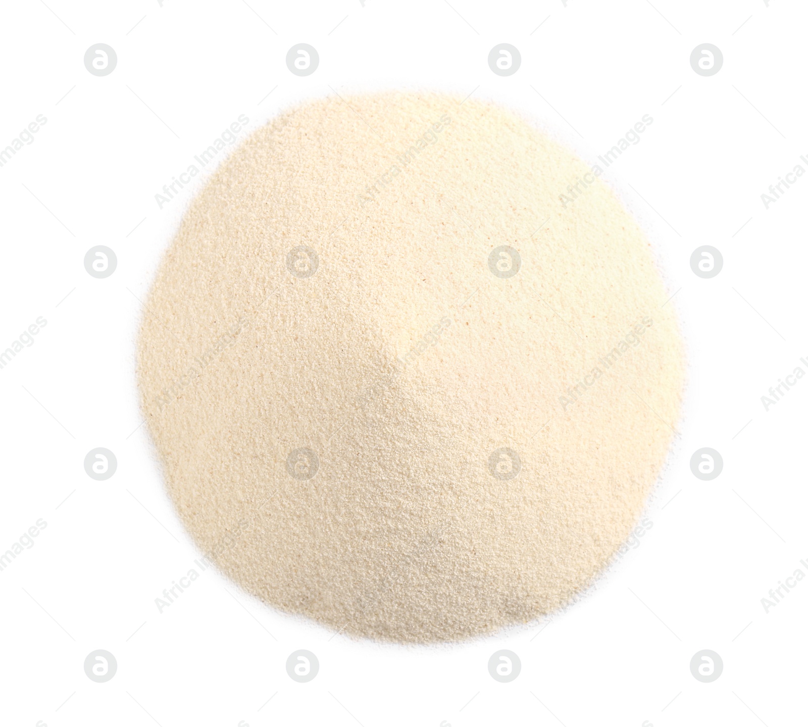 Photo of Pile of uncooked organic semolina isolated on white, top view