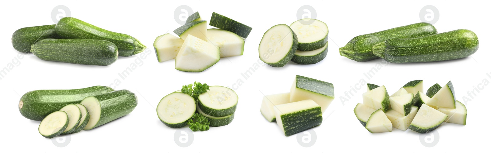 Image of Set of fresh ripe zucchinis on white background. Banner design