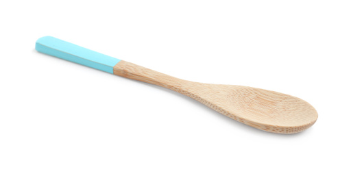 Photo of Wooden spoon with light blue handle isolated on white. Cooking utensil