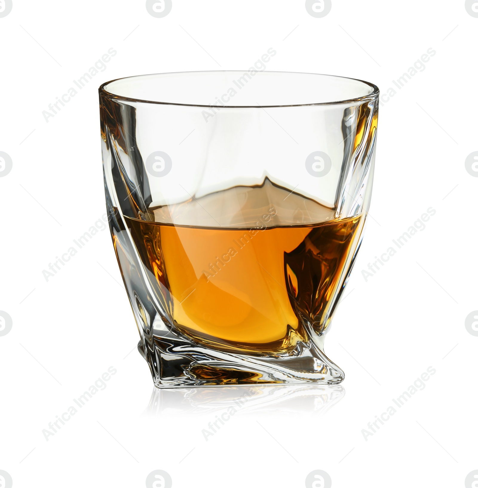 Photo of Whiskey in glass isolated on white. Alcoholic drink