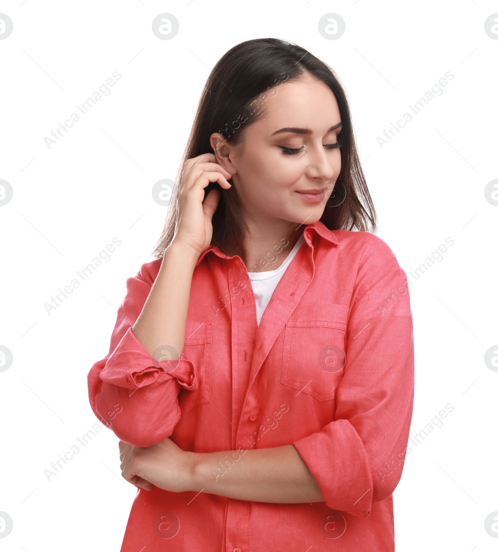 Photo of Beautiful young woman in casual outfit on white background