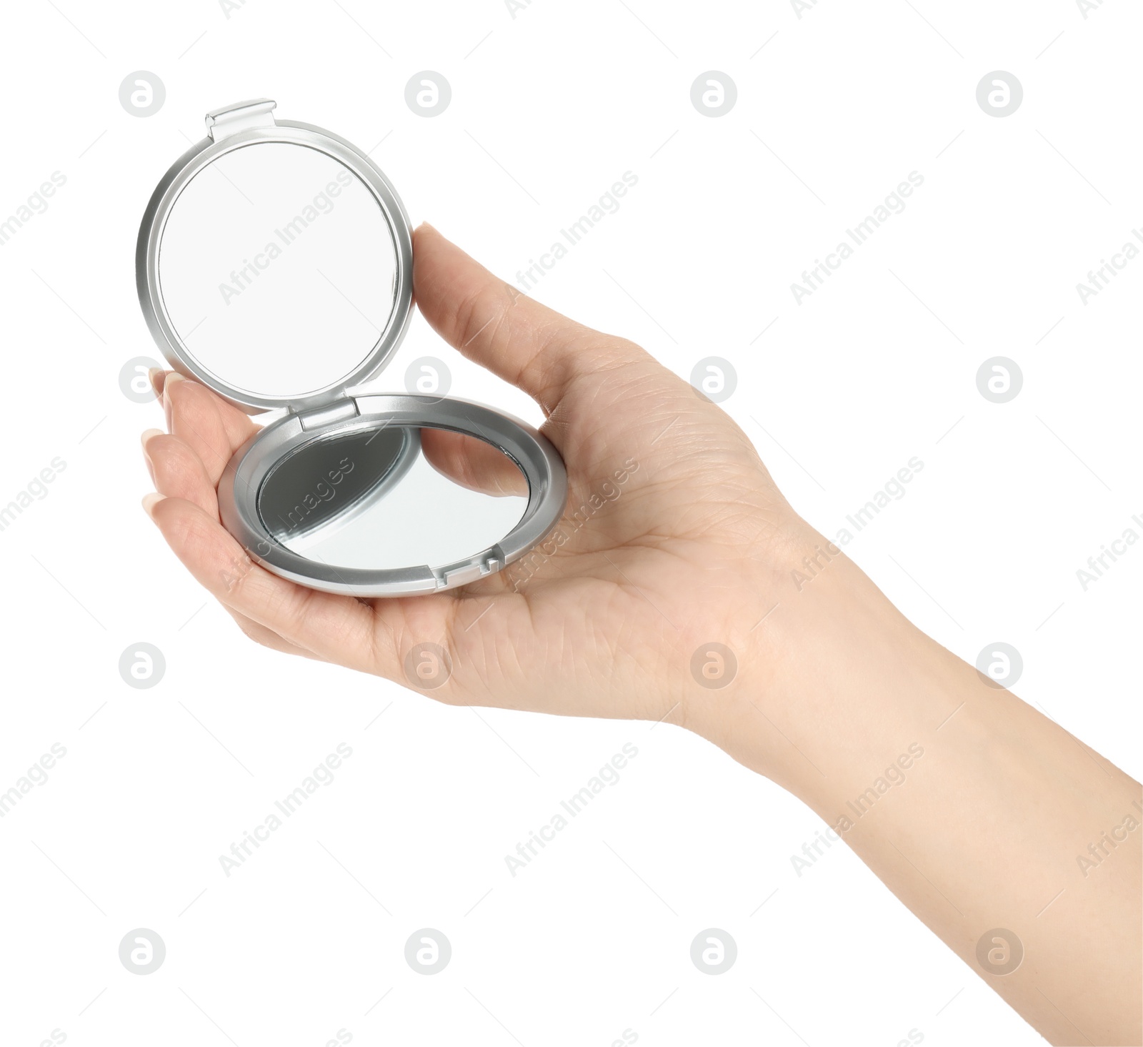 Photo of Woman holding grey cosmetic pocket mirror on white background, closeup