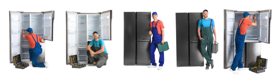 Image of Collage of technical workers near refrigerators on white background. Banner design 