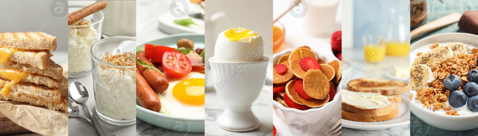 Image of Assortment of tasty breakfasts. Collage with different meals