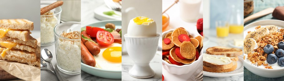 Image of Assortment of tasty breakfasts. Collage with different meals