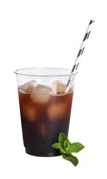 Photo of Refreshing iced coffee in takeaway cup with straw isolated on white