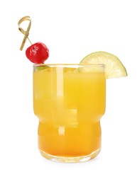 Tasty pineapple cocktail with cherry and lime isolated on white