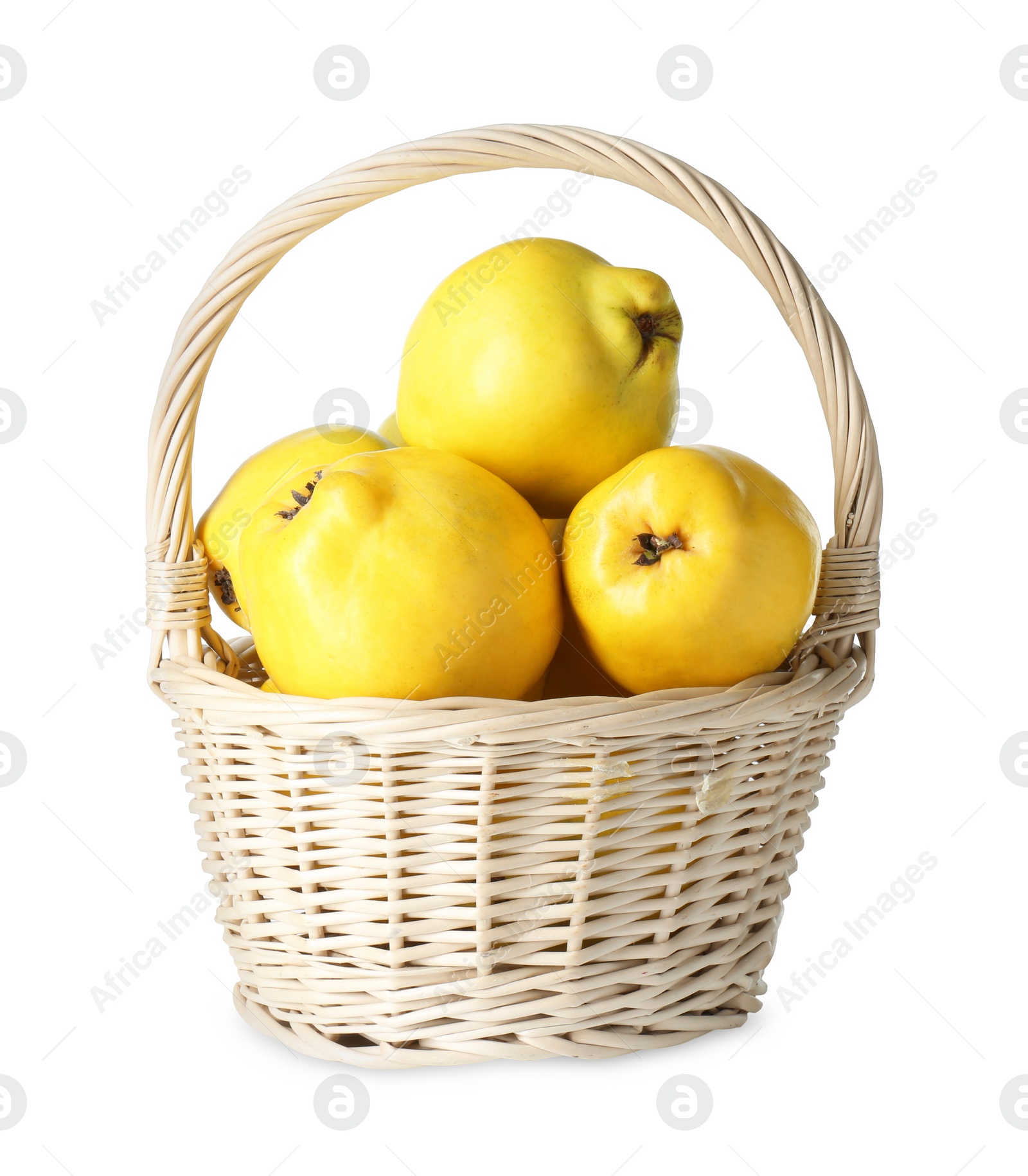 Photo of Basket with delicious fresh ripe quinces isolated on white