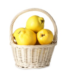 Basket with delicious fresh ripe quinces isolated on white