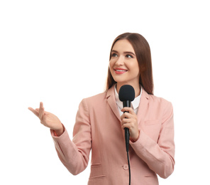 Photo of Young female journalist with microphone on white background