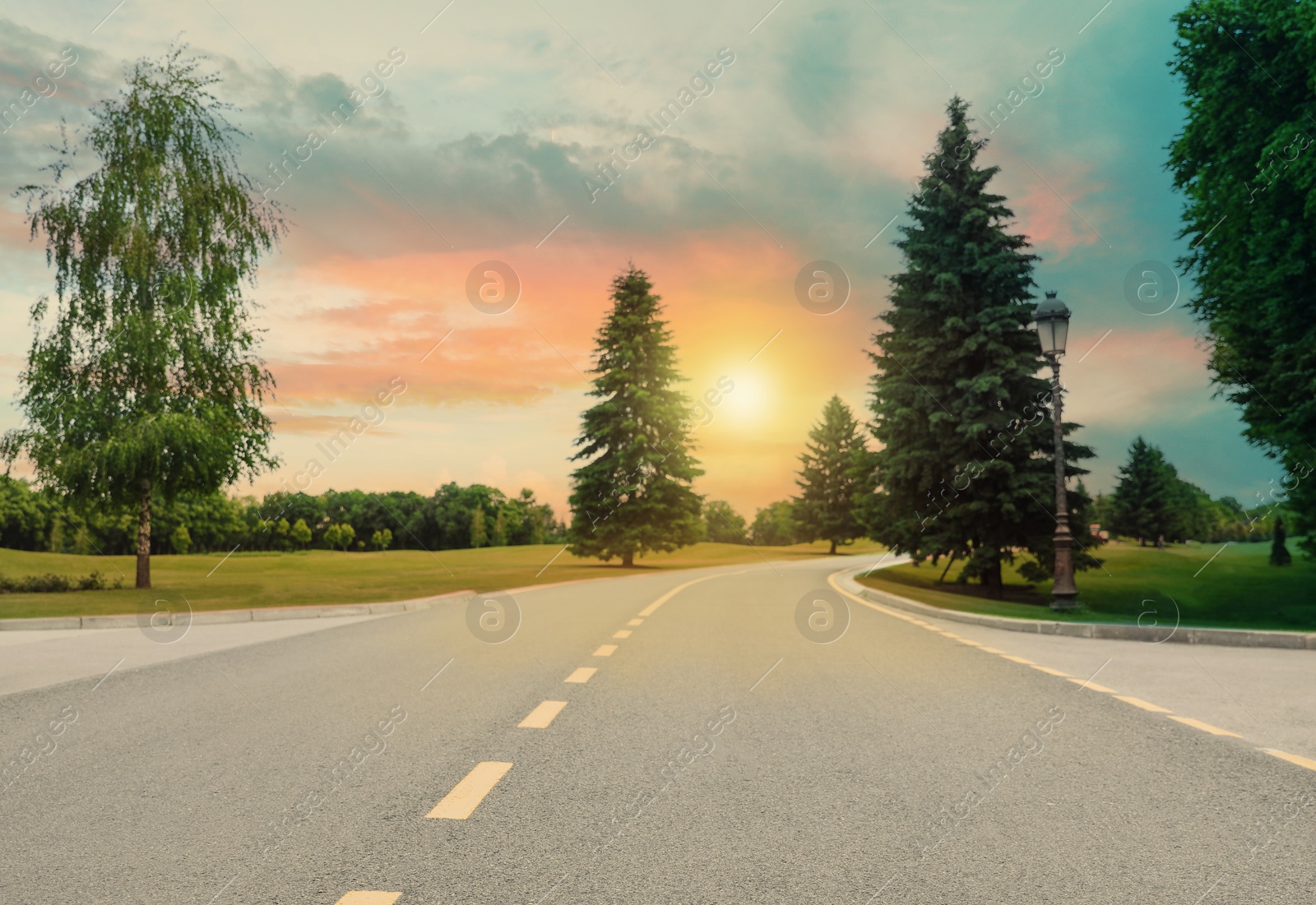 Image of Road trip. Beautiful view of asphalt highway on sunny day 