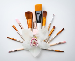 Makeup brushes of professional artist with flower on white background