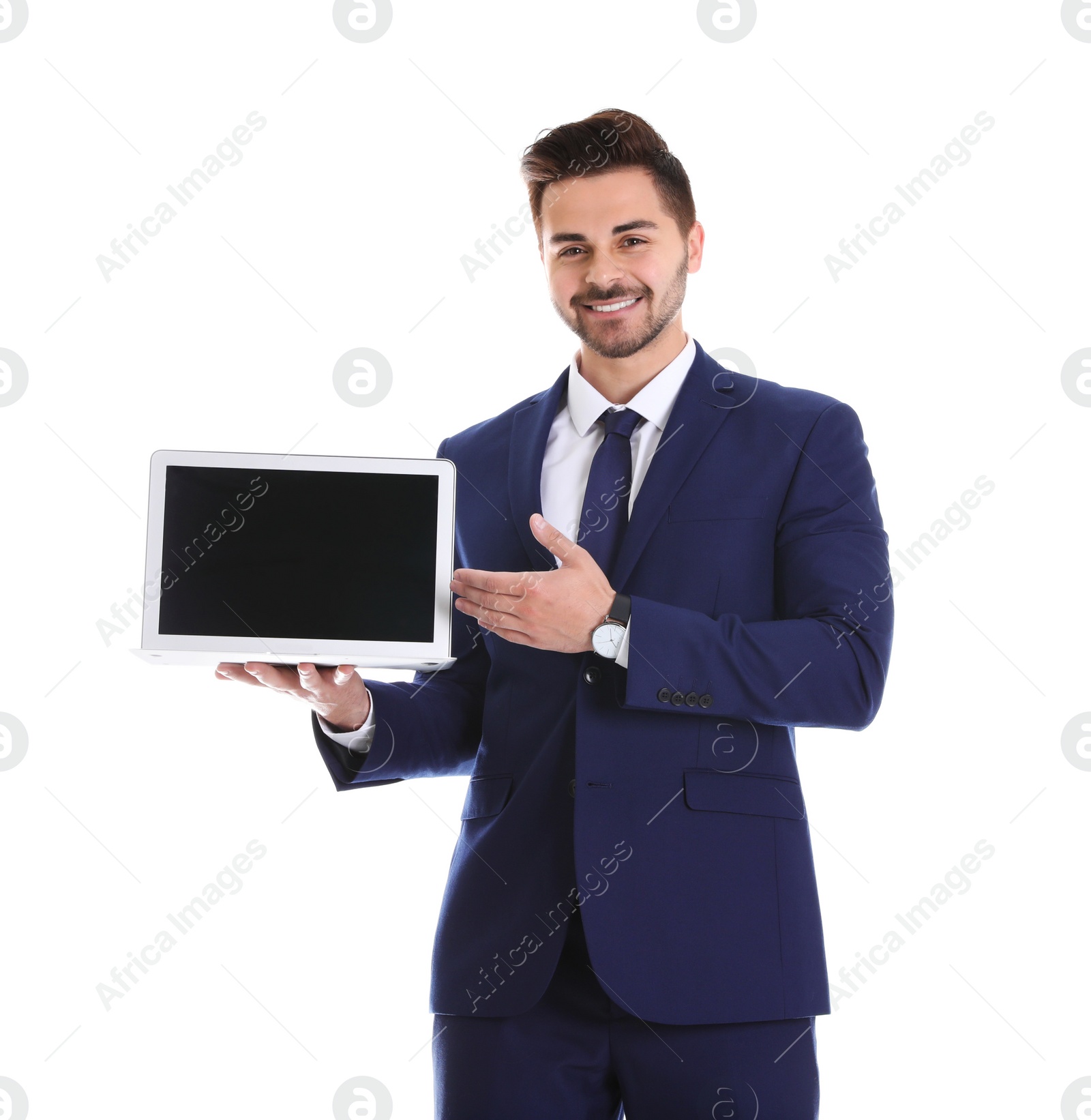 Photo of Young man with laptop on white background. Space for text