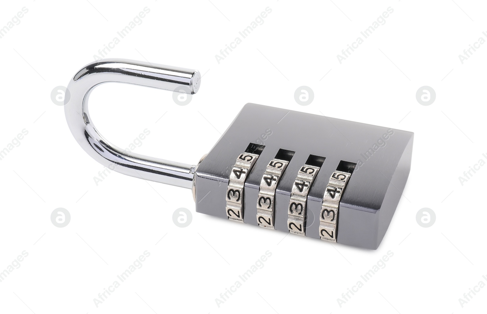 Photo of Unlocked steel combination padlock isolated on white