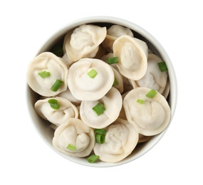 Bowl with tasty dumplings isolated on white, top view