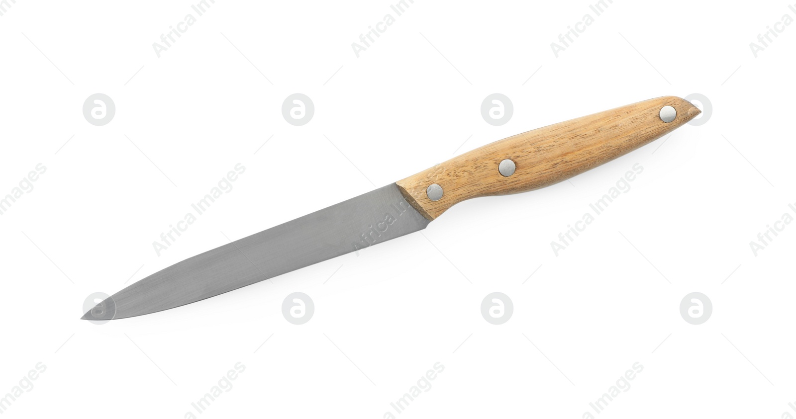 Photo of One sharp knife with wooden handle isolated on white