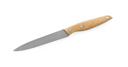 Photo of One sharp knife with wooden handle isolated on white