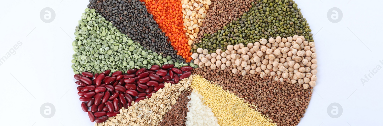 Photo of Different grains and cereals on white background, top view