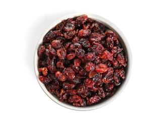 Photo of Bowl with cranberries on white background, top view. Dried fruit as healthy snack