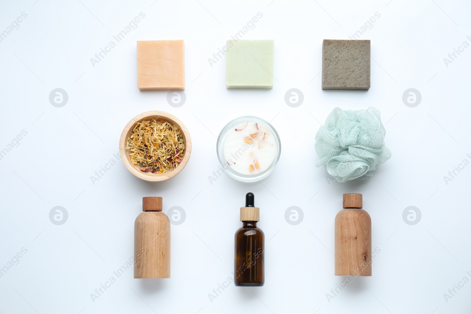 Photo of Bath accessories. Flat lay composition with personal care products on white background