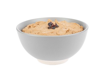 Photo of Bowl with delicious liver pate on white background