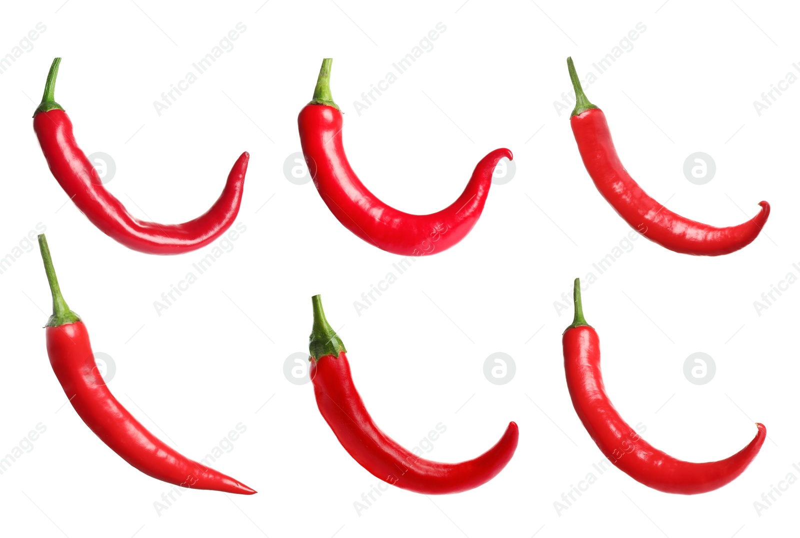 Image of Set with red hot chili peppers on white background