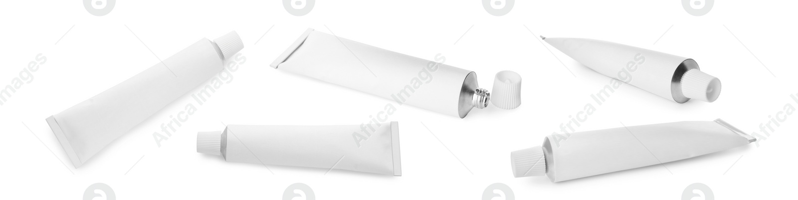 Image of Collage with tube of ointment on white background, different angles