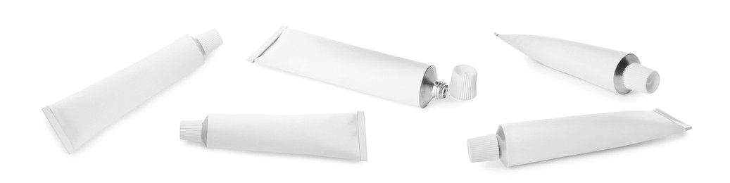 Image of Collage with tube of ointment on white background, different angles