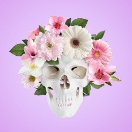 Image of White skull with flower wreath on violet background